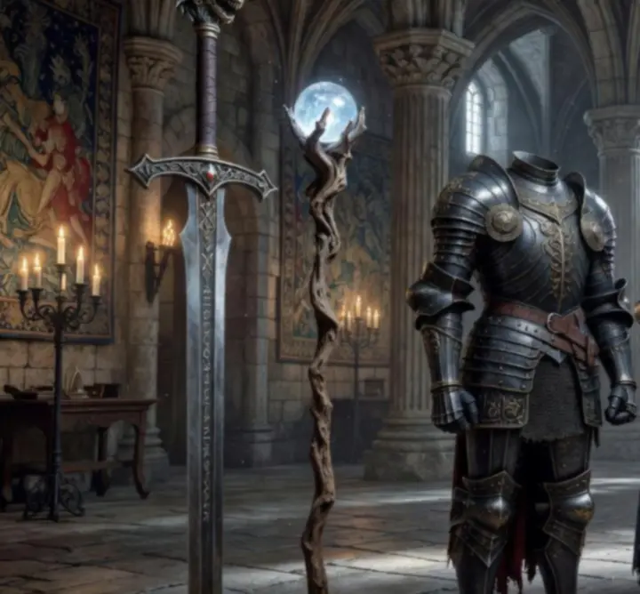 Array of ornate armor sets and glowing weapons displayed in a grand hall.