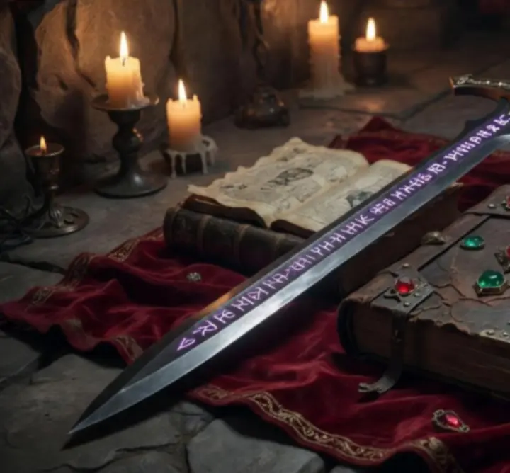 Mythic weapons and relics from the world of Lastraisse displayed in a dim vault