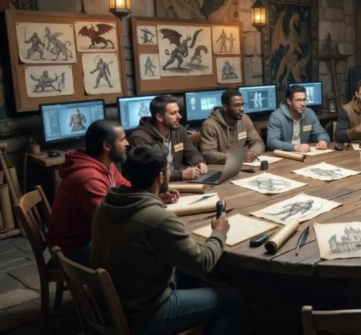 Developers seated around a table discussing lore documents and concept art