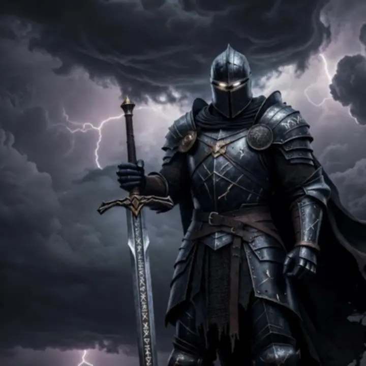Heavily armored Eclipsed Knight wielding a massive blade under a darkened sun