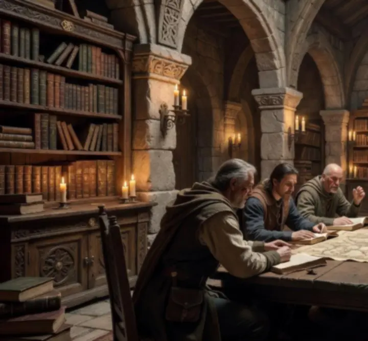 The Lastraisse editorial council seated around a grand medieval council chamber.