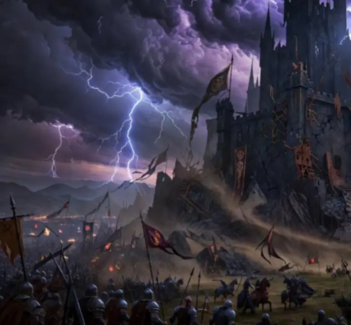 Dark fortress known as the Fallen Citadel looming over a broken medieval city