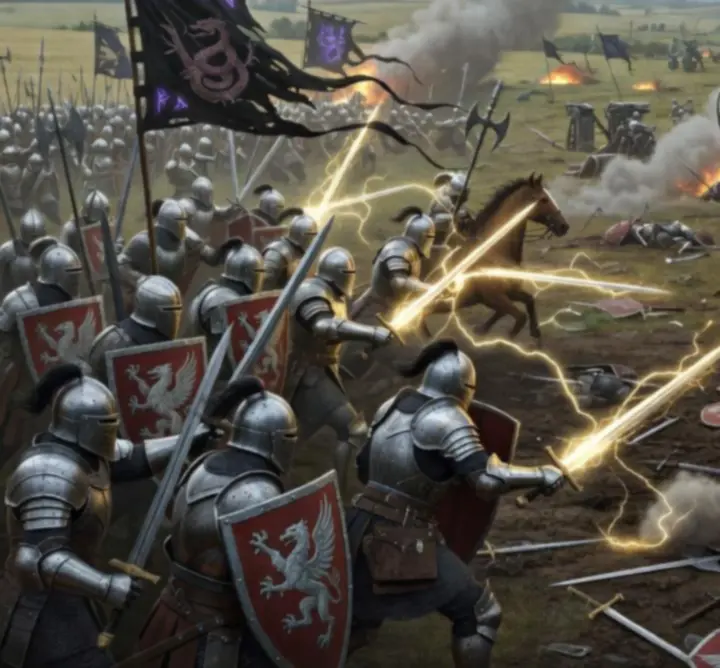 Armies clash on a scorched battlefield beneath a darkened sky in Lastraisse.