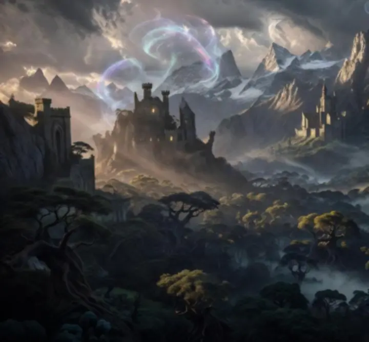 A sweeping fantasy landscape connecting multiple floating realms under a stormy sky.