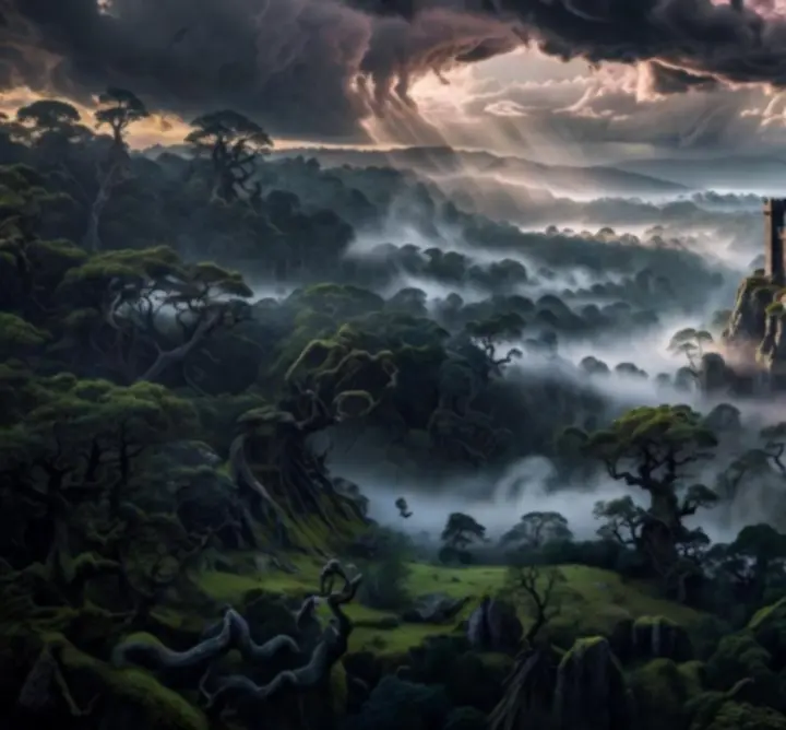 Cinematic dark fantasy vista of the realms of Lastraisse