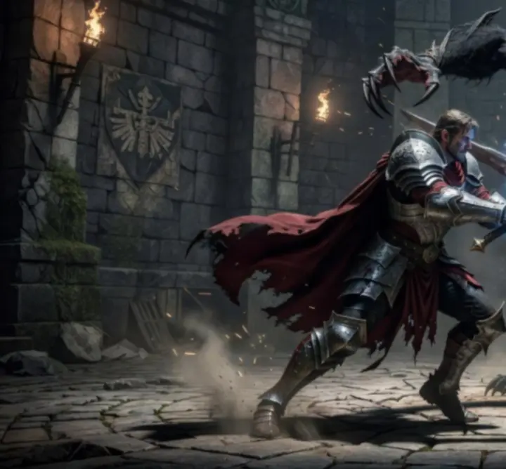 Warriors clashing in a dark fantasy battlefield of Lastraisse