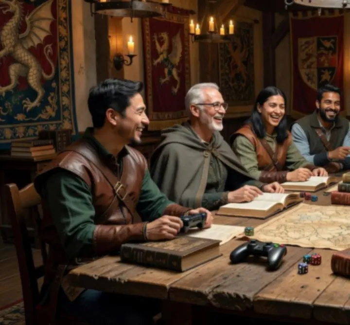 The Lastraisse editorial guild gathered around screens and fantasy artwork