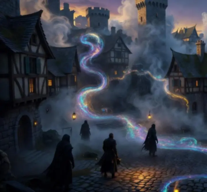Arcane gateway opening between twin realms above a fortified citadel