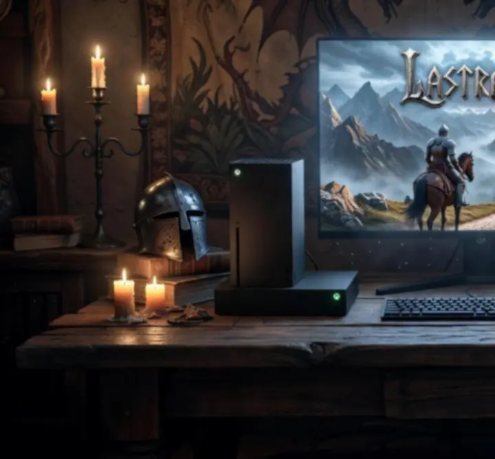 Dark fantasy battle scene from Lastraisse displayed across PC and console platforms