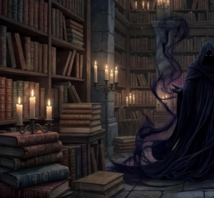 Shadow Scribe inscribing glowing runes in the dark