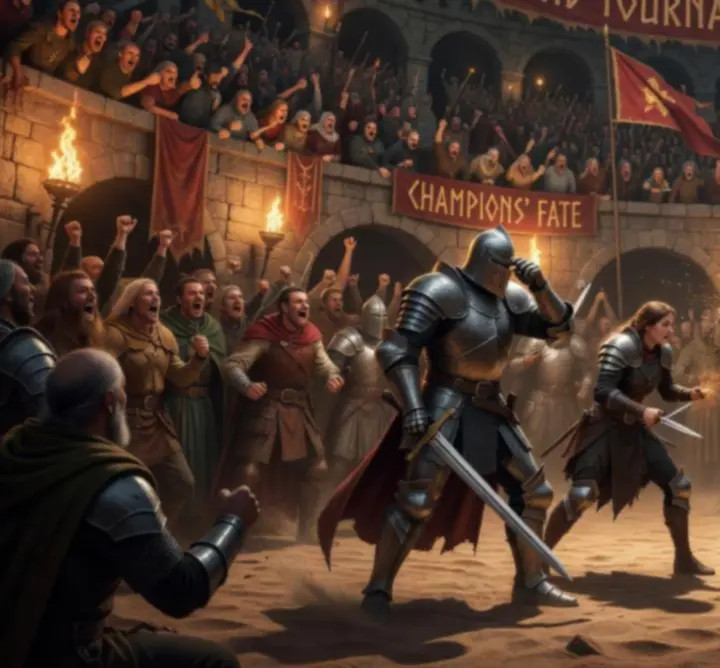 Arena lit by braziers where armored warriors clash in the Trial of Champions