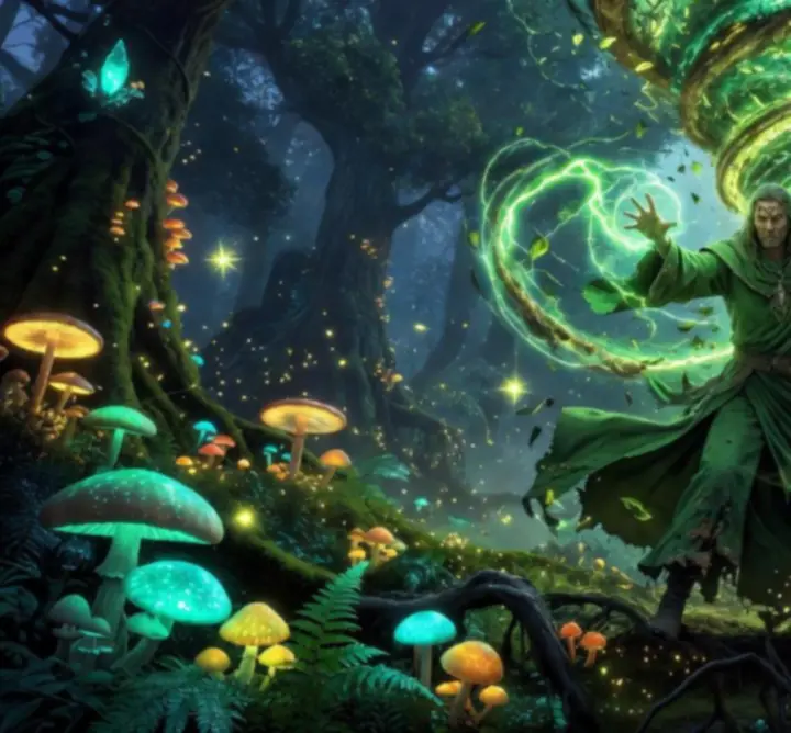 Verdant Warden channeling emerald magic amid overgrown ruins