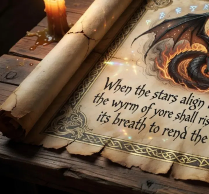 Ancient illuminated scroll depicting a coiled wyrm and cryptic runes.